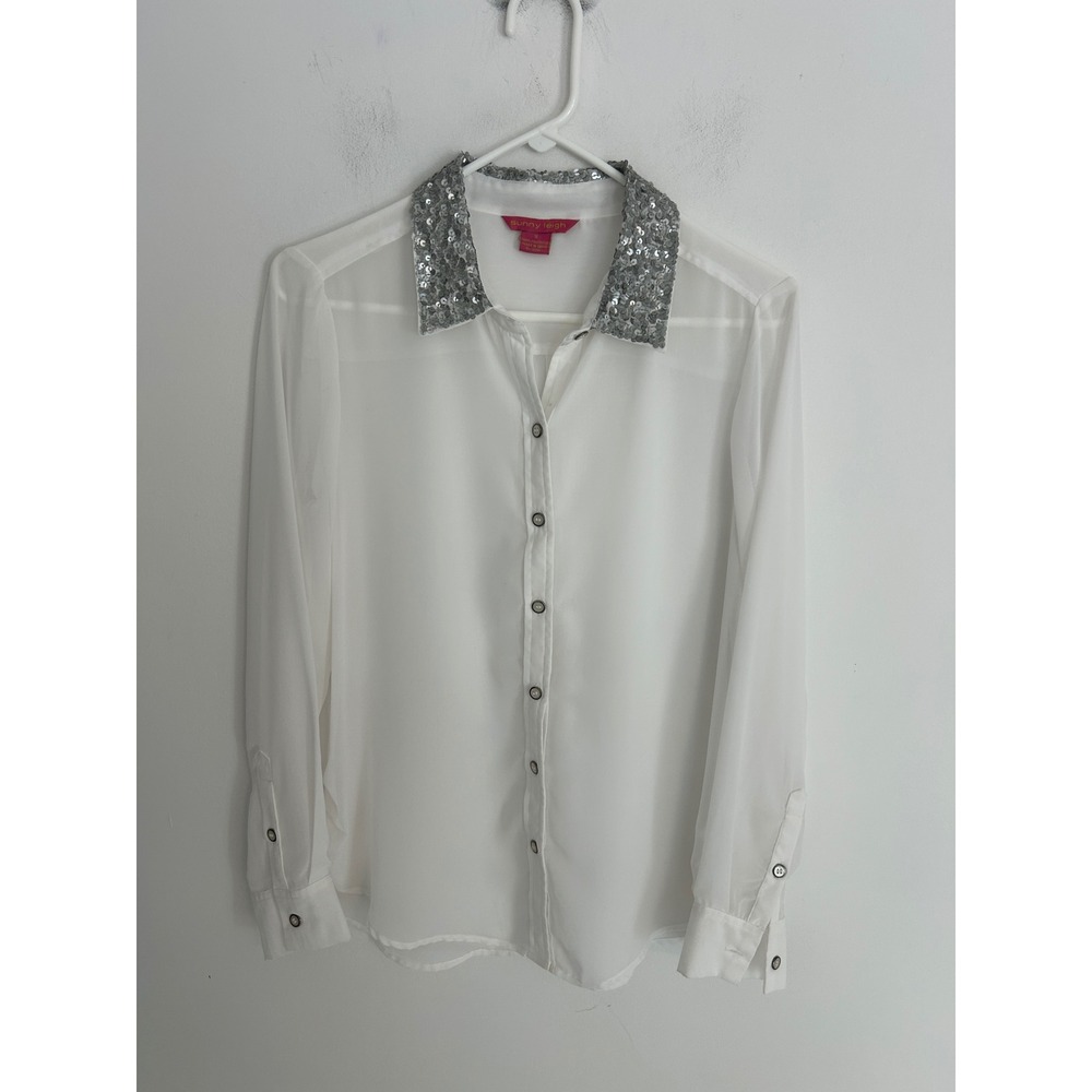 Sunny Leigh‎ White Button Down Blouse Silver Sequin Collar Long Sleeve Sz M